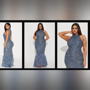 Feathered Sequin Gown in Grey